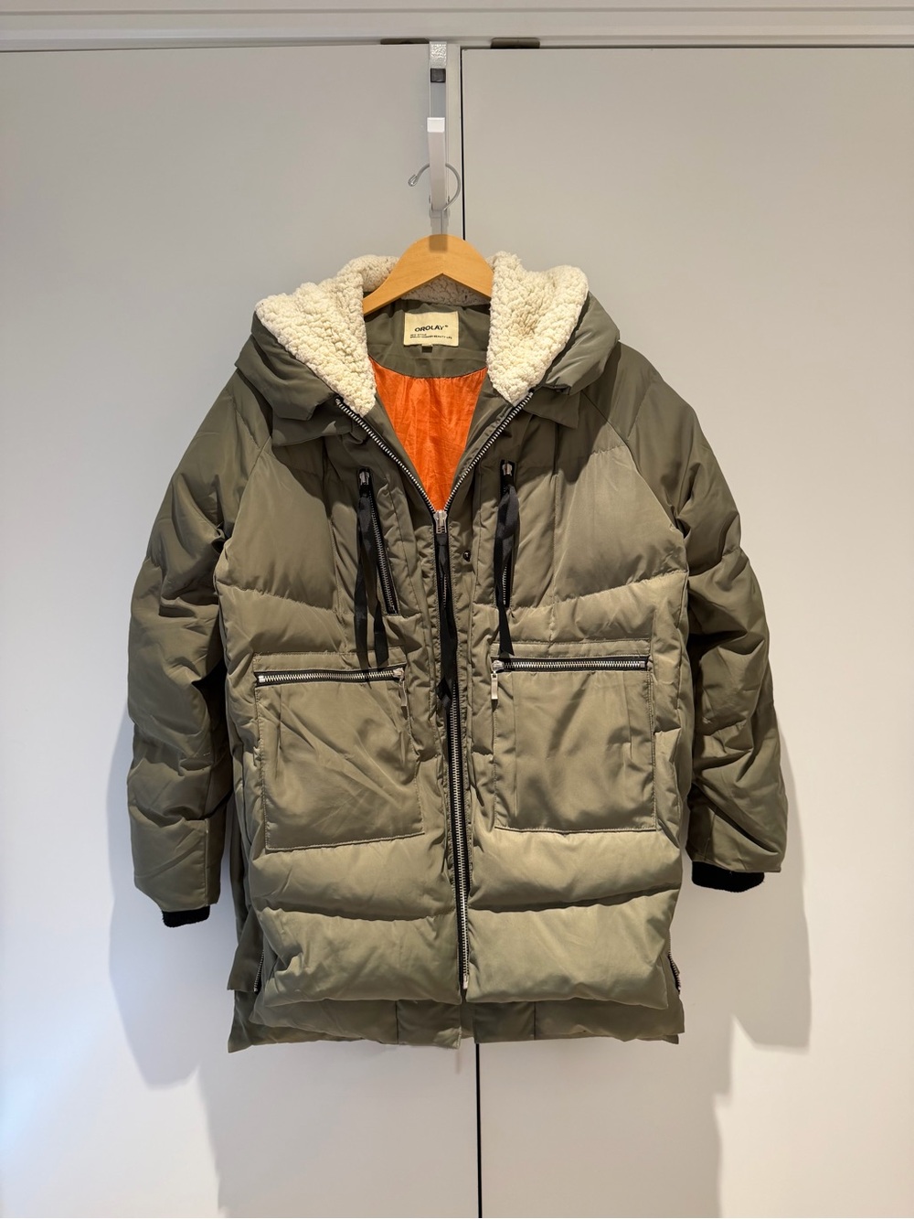 Orolay Olive Green Puffer Coat with Cream Sherpa Hood
